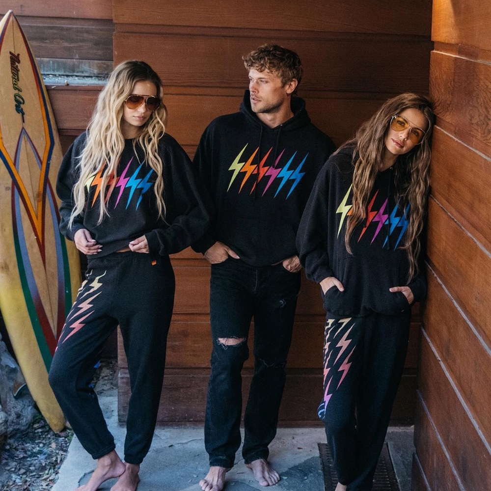 Aviator Nation Black Hoodie with Multicolor Lightning Bolts